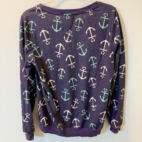 Eyeshadow Navy Anchor Print Pullover Sweatshirt Size L - Picture 2 of 4
